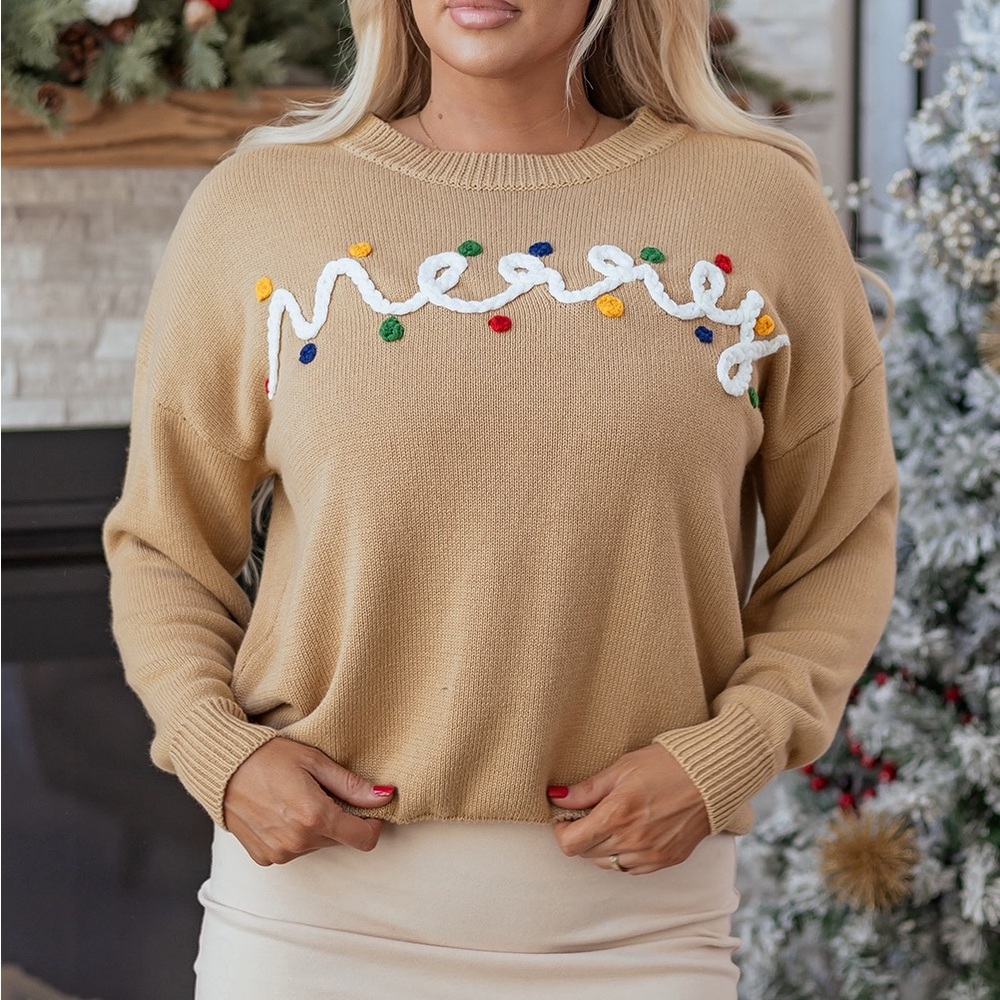Women's Tan Sweater with Festive Embroidery